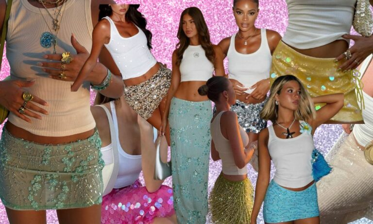 white tank top and sequin skirt outfit