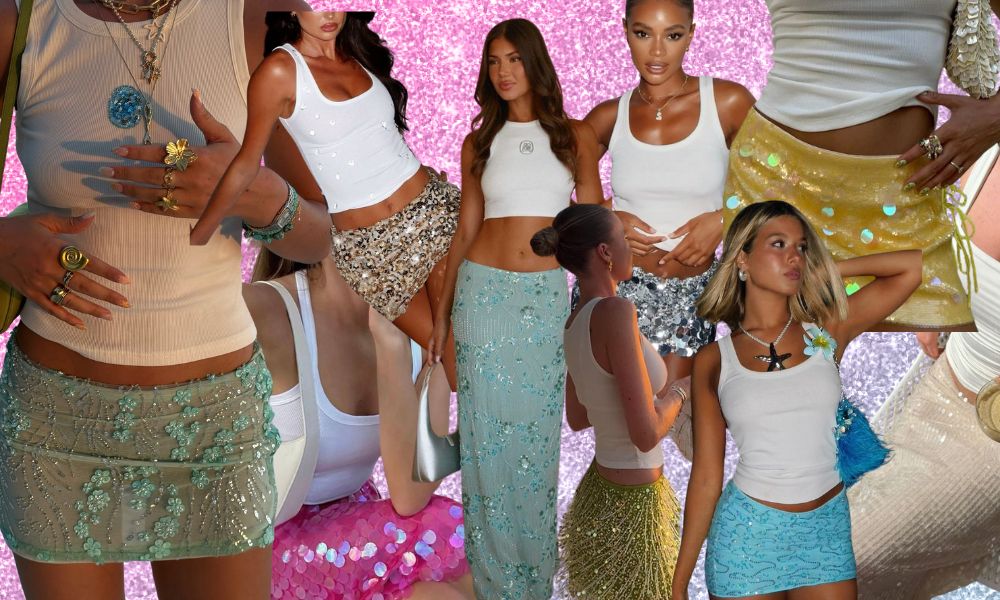 white tank top and sequin skirt outfit