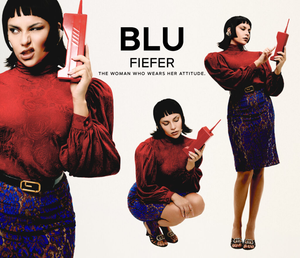 BLU FIEFER: THE WOMAN WHO WEARS HER ATTITUDE IN GUCCI OUTFITS FOR A BURO EDITORIAL.