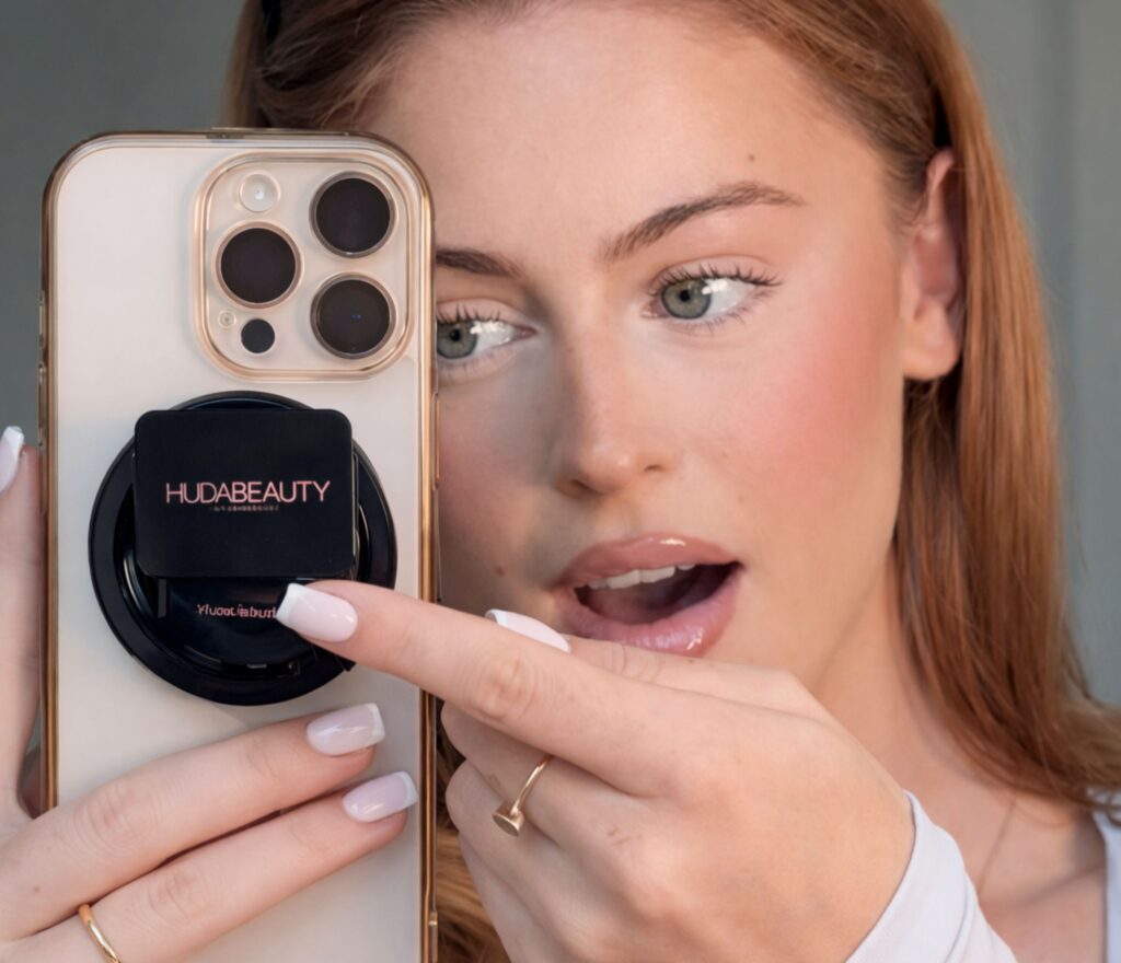 HUDA BEAUTY’S PRESSED POWDER PHONE SOCKETS ARE THE COOLEST BEAUTY ACCESSORY.