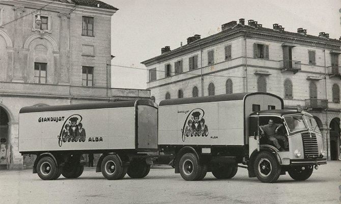 The Ferrero trailer trucks in the heart of Alba