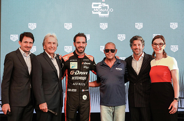 TAG Heuer Creative Director Guy Bove, racing legend Derek Bell, current Formula E champ Jean-Eric Vergne, TAG Heuer ambassadors Chad McQueen and Patrick Dempsey, and Heritage Director Catherine Eberle-Devaux